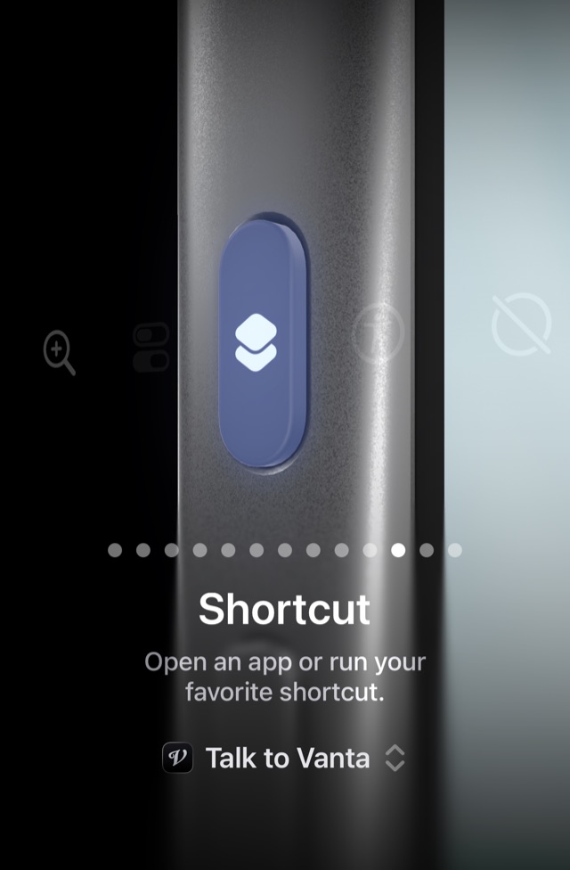 iPhone Action Button settings with Talk to Vanta assigned