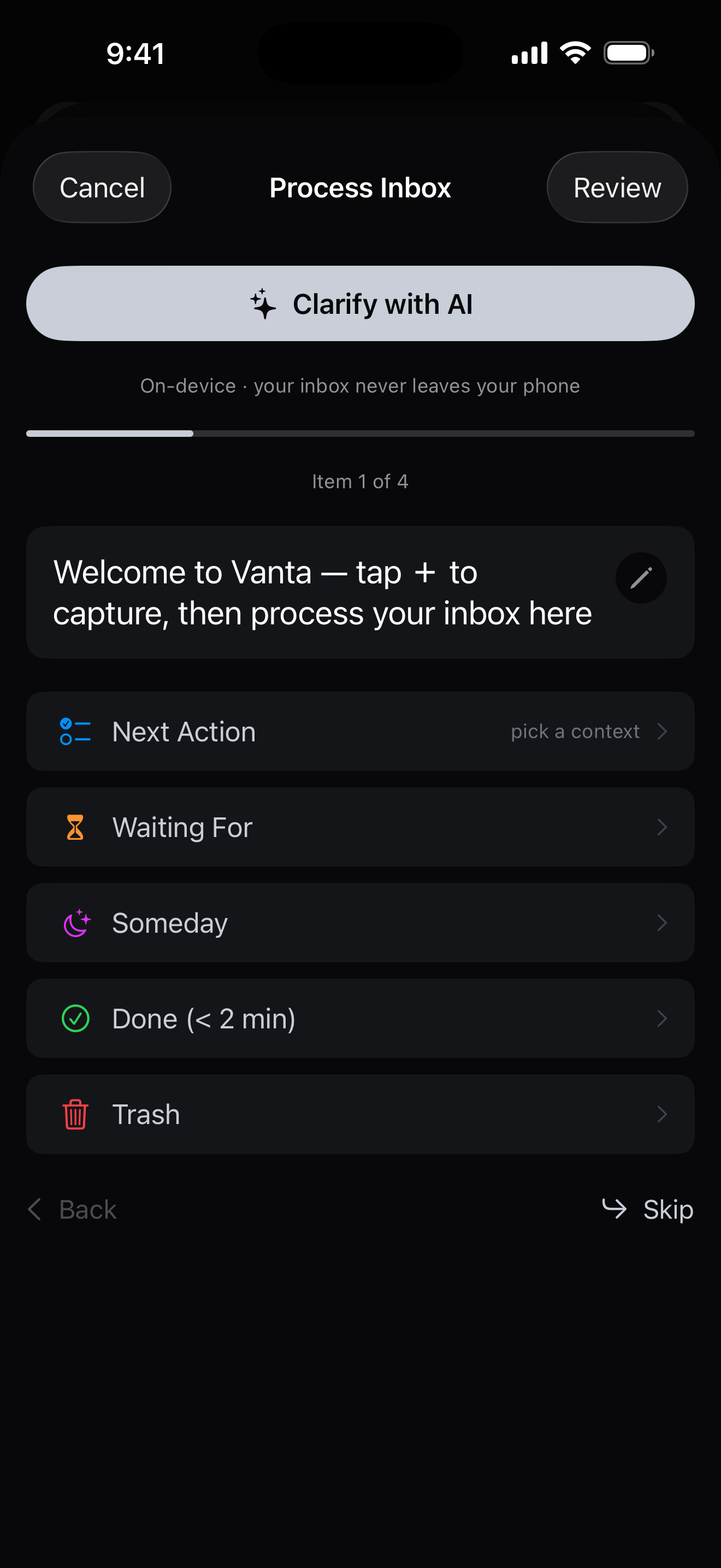 Process Inbox with a Clarify with AI button