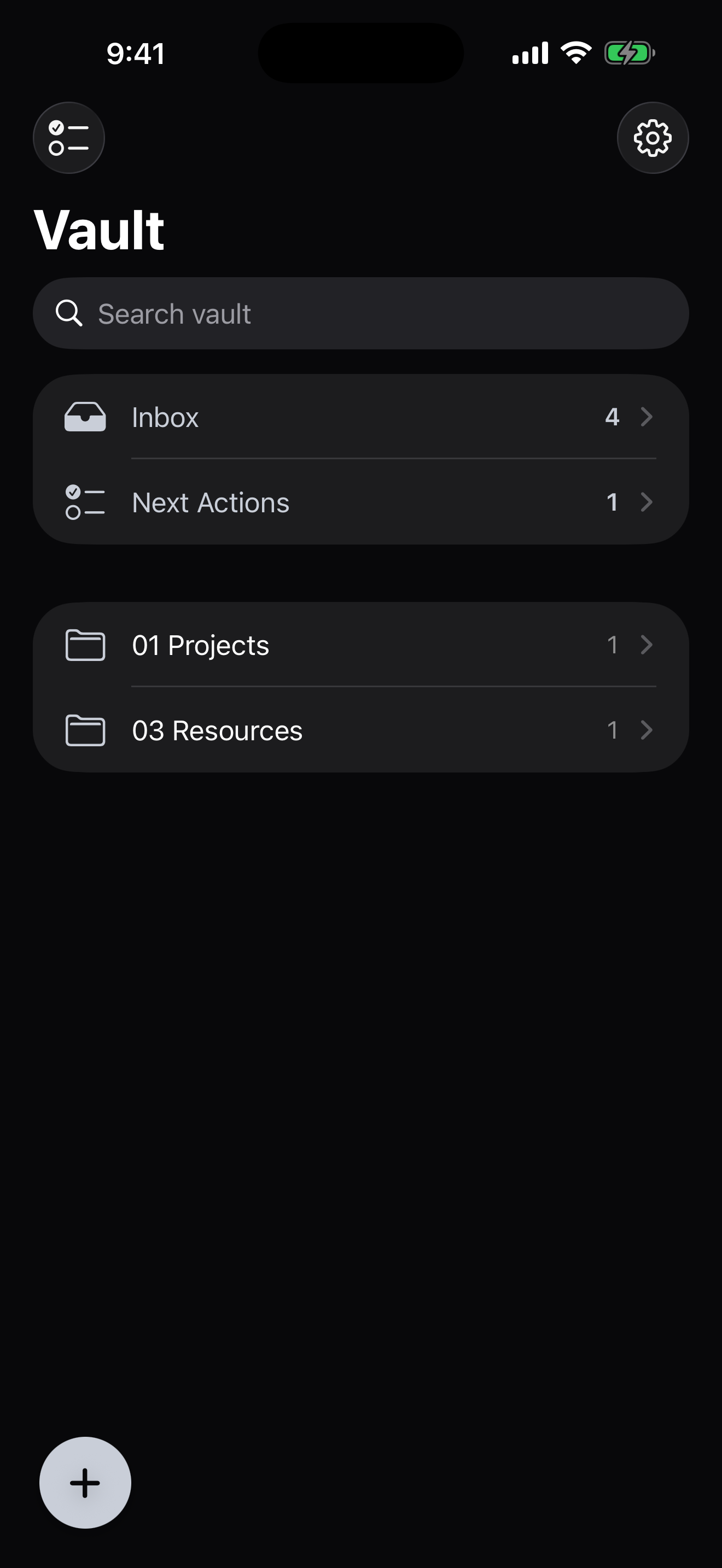 Vault browser with Inbox and Next Actions pinned at the top